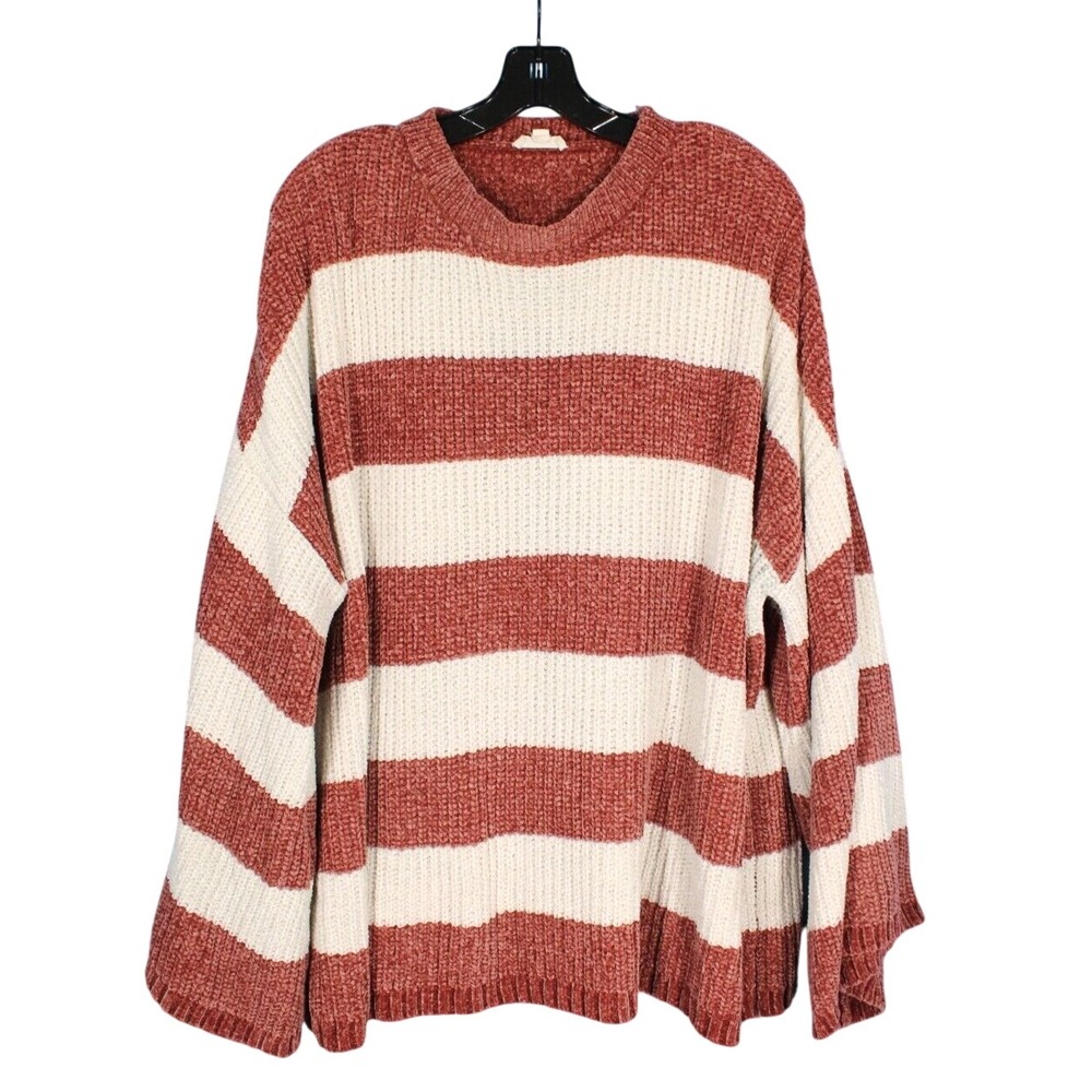 ODDI Midweight RIBBED KNIT Bell Sleeve RUST/CREAM STRIPED Sweater Sz 2XL/3XL